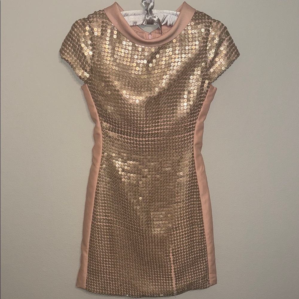 Camilyn Beth Elegant Sequin Mini Dress in Gold Pink. B7
